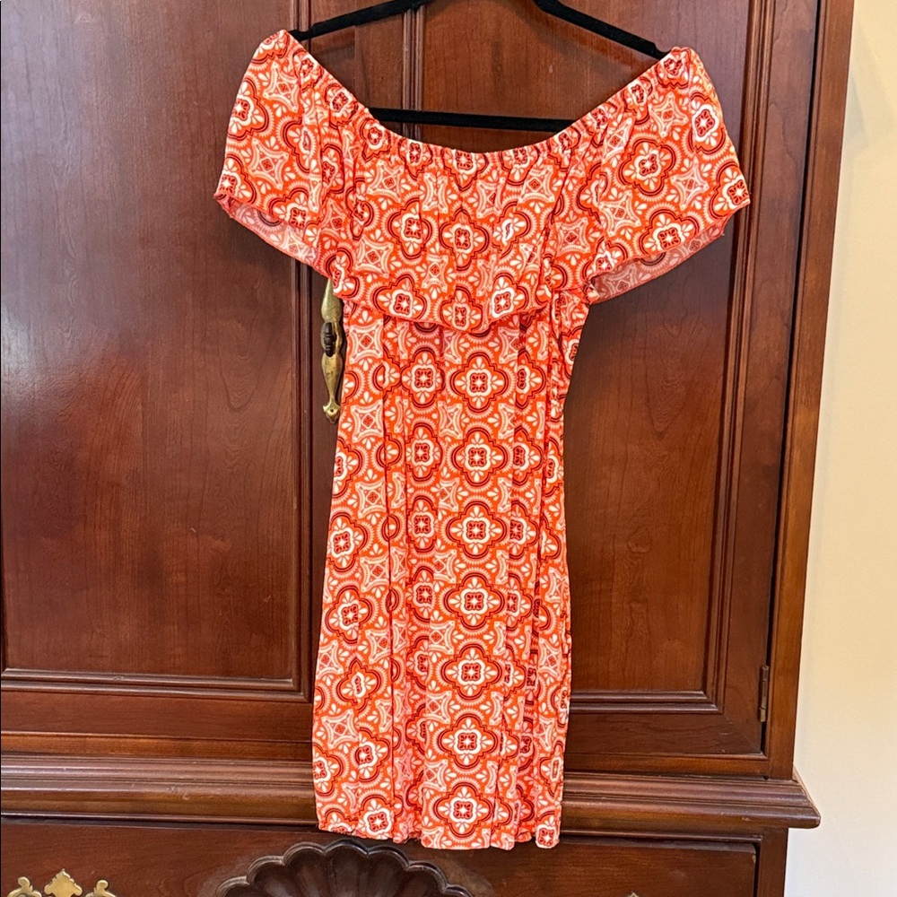 Orange Off Shoulder Mini Dress Boho Beach Summer Medium Printed
